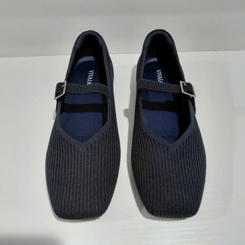 Vivaia Margot Mary Jane Flats Navy Blue Ribbed Knit Square Toe Sustainable 39.5 - Picture 4 of 13